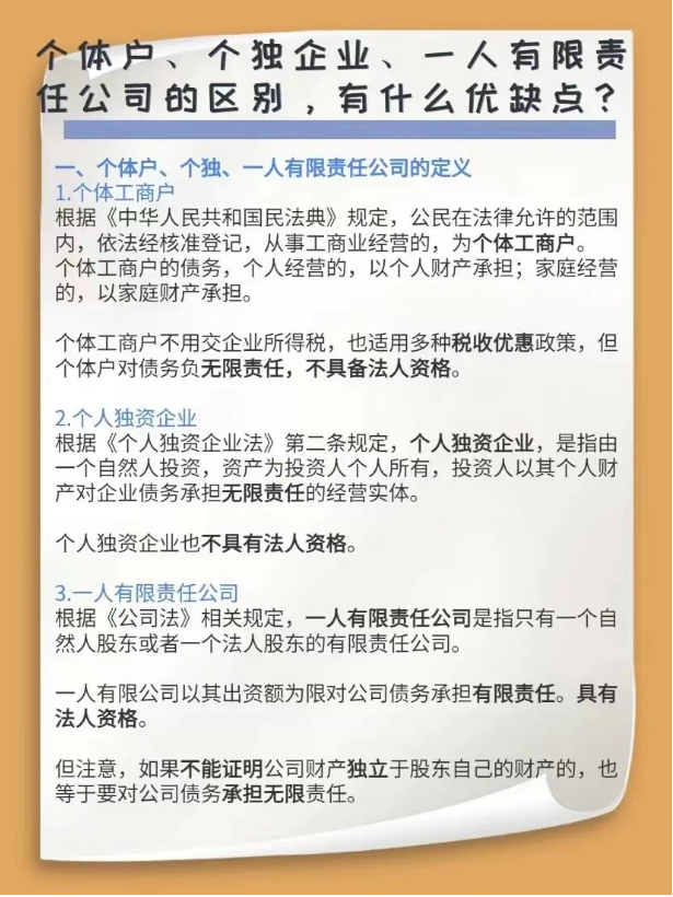 個體戶、個獨企業(yè)、一人有限責任公司的區(qū)別，有什么優(yōu)缺點