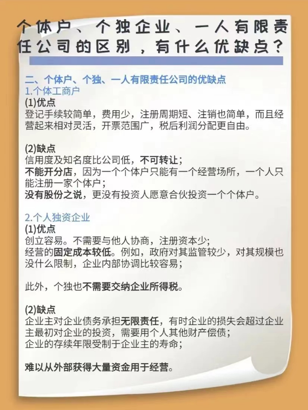 個體戶、個獨企業(yè)、一人有限責任公司的區(qū)別，有什么優(yōu)缺點