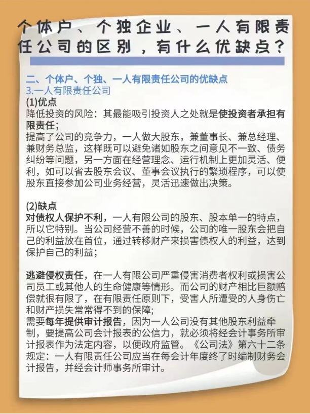 個體戶、個獨企業(yè)、一人有限責任公司的區(qū)別，有什么優(yōu)缺點